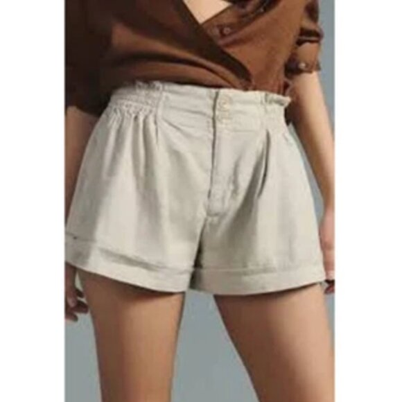 By Anthropologie Linen Blend High Rise Cuffed Smocked Shorts Womens 4 Beige - Picture 8 of 8